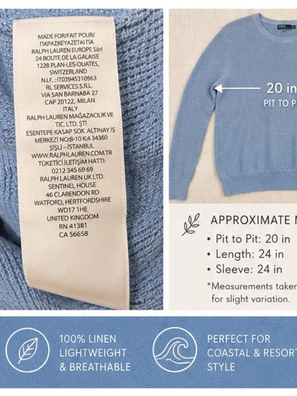Polo Ralph Lauren 100% Linen Waffle Knit Sweater Blue Size Small Coastal